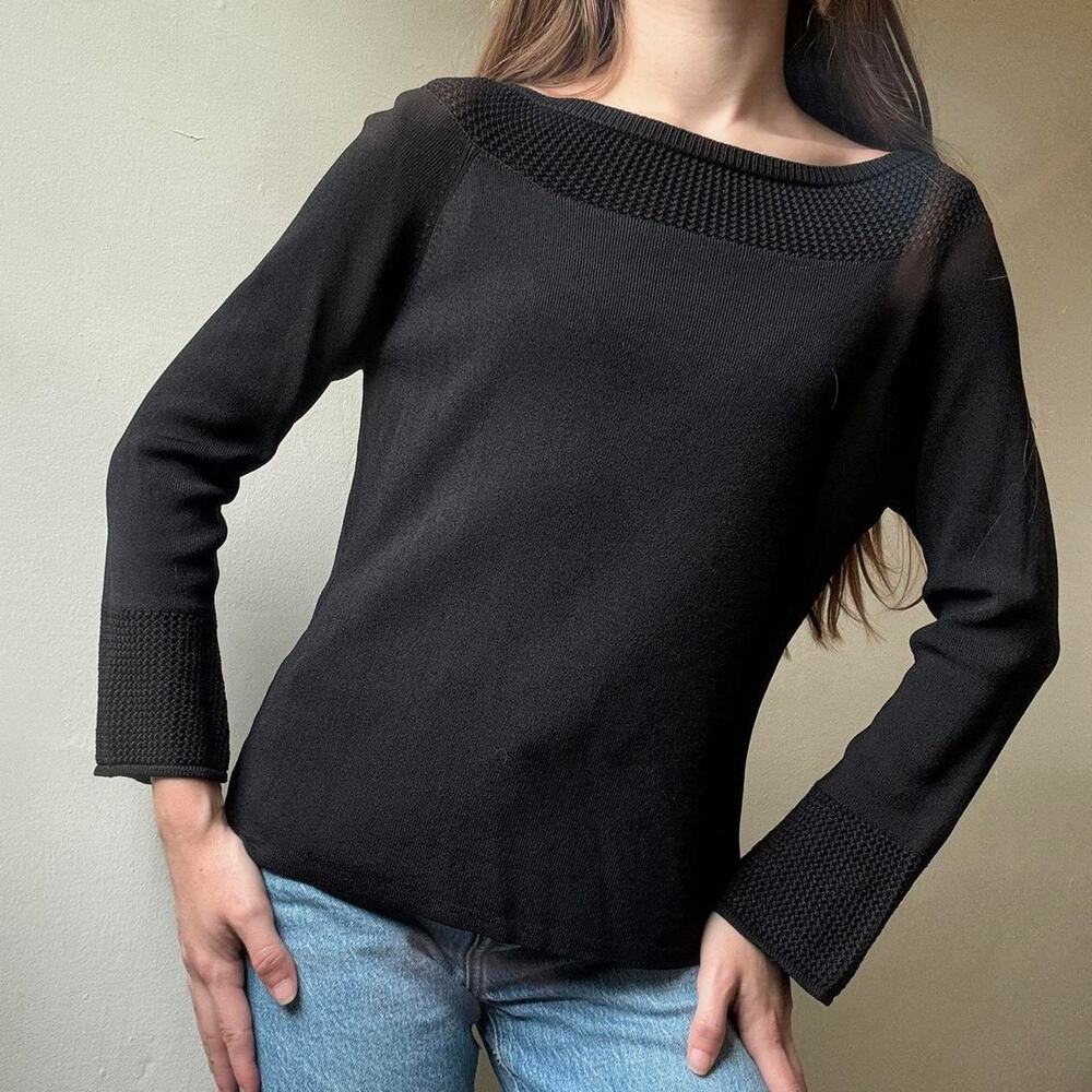 Vintage J.A.C. Black Boatneck 3/4 Sleeve Blouse Large Y2K Professional Classy